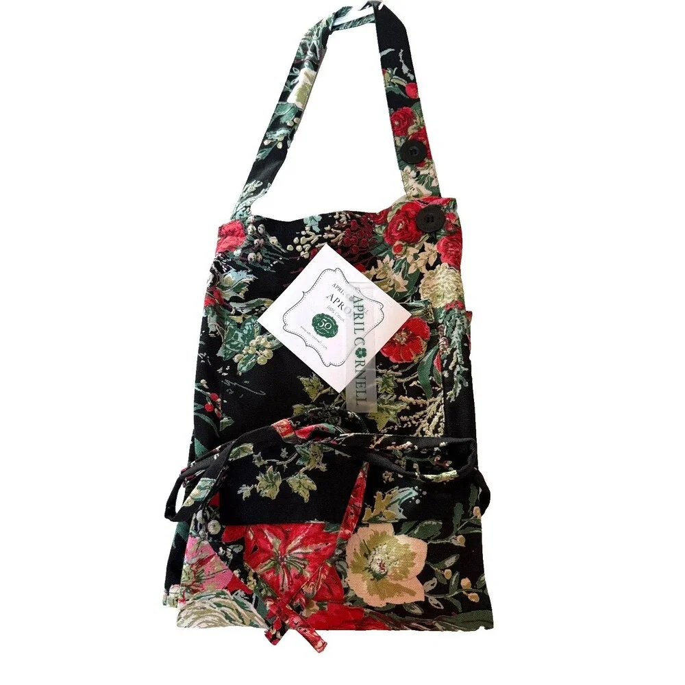 April Cornell Chef Apron Christmas Merry Black French Country Floral 100% Cotton
